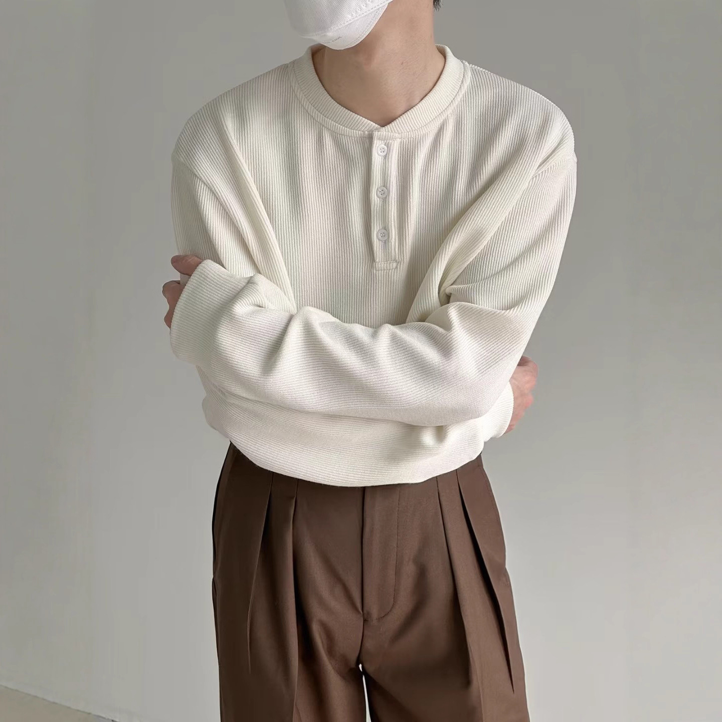 Herrenbekleidung Langarm-T-Shirt, Waffelstrick-Henley-Langarm-T-Shirt für Herren - Strukturierter, lässiger Arbeitspullover mit Knopfleiste_voghion.com