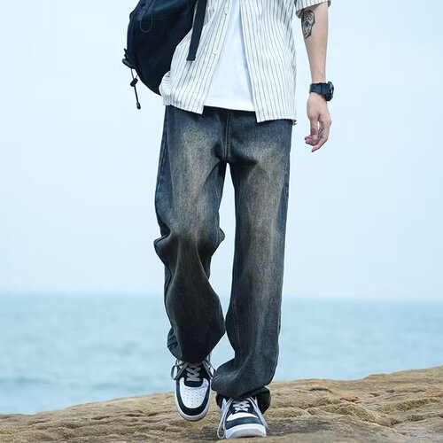 American retro jeans, men's spring and autumn, fashion brand, high street washed, wide-leg, straight, loose casual long pants, men