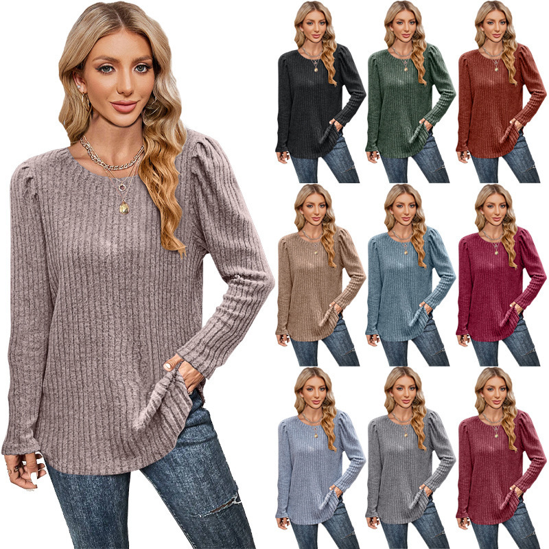 2023 cross-border new women's clothing Amazon women's round neck puff sleeve brushed pit solid color top long sleeve T-shirt