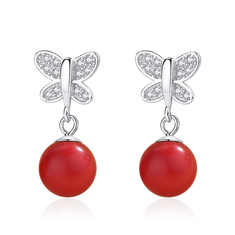 Shengli S925 Pendientes de mariposa de aguja de plata Pendientes de perlas rojas con microincrustaciones de circón Pendientes frescos pequeños japoneses y coreanos Mujeres al por mayor