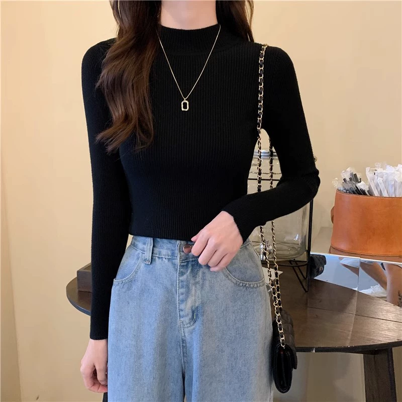 Осень длинный рукав, базовый базовый файл, эластичный свитер, Slim Fit, высокий воротник, корейский стиль