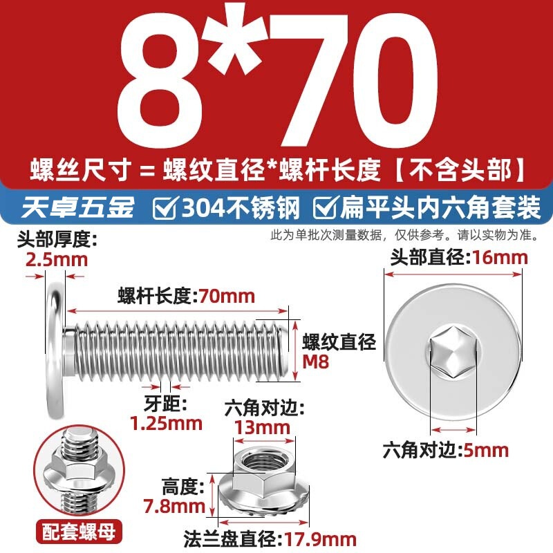 304不锈钢CM大平头超薄头C头扁平头内六角螺丝钉法兰边螺母套装M5|undefined