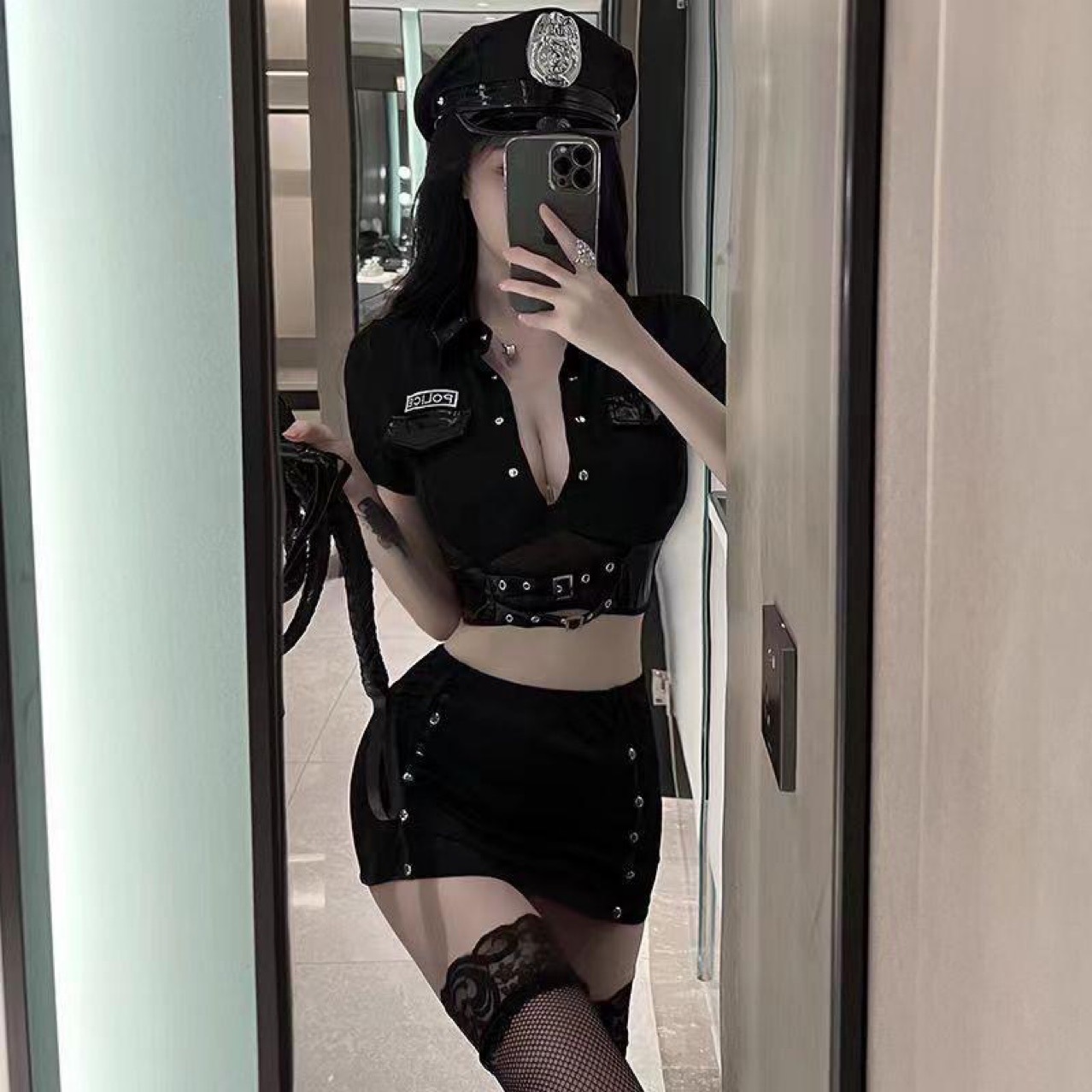 Sexy Police Role-Play Costume Set with Hip Skirt and Fishnet Stockings, One Size — detail image 5