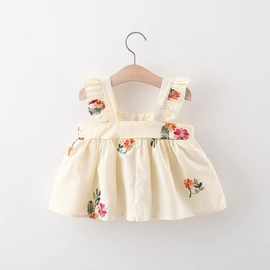 1659 夏季女童连衣裙 童装花朵刺绣纯色小飞袖花边小清新外贸童裙
