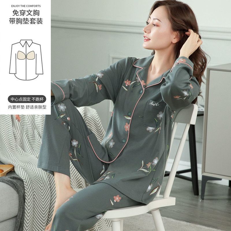 Pijama con cojín de pecho para mujeres primavera y otoño mangas largas 2023 nuevo conjunto de ropa de casa de otoño para mujeres