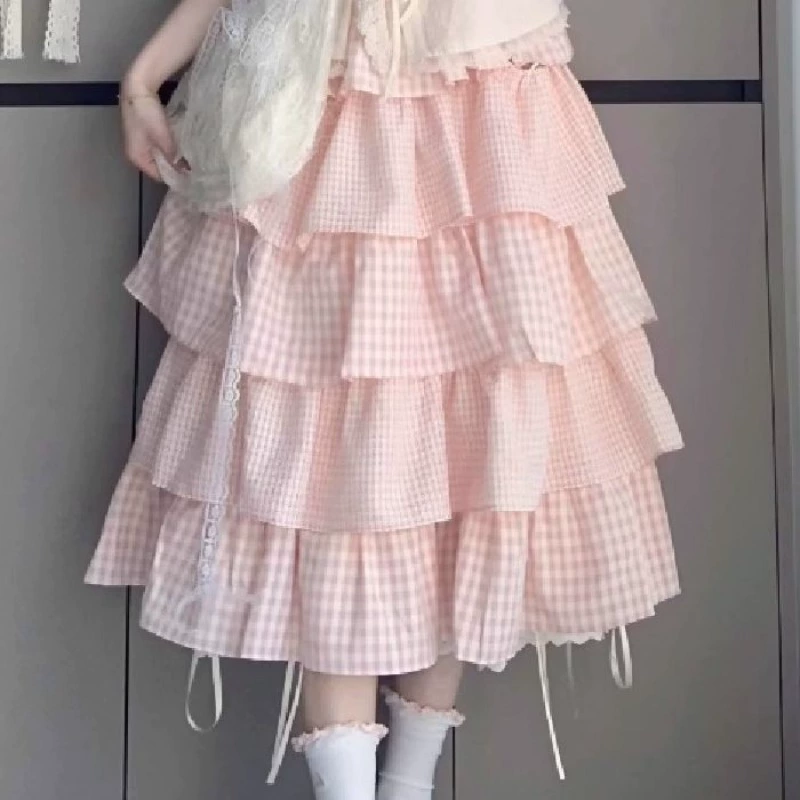 Милая сладкая девочка, дофамин наряд: целый комплект женской летней колледжной стилизации, розовая клетчатая юбка-кафтан, комплект из двух предметов