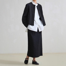 时尚套装女装秋空气感竖条复古圆领秋季短外套 半裙两件套