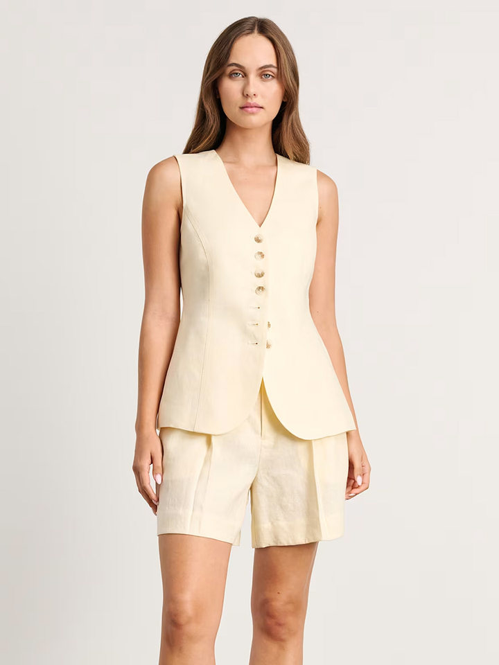 Bộ vest gile và quần short nữ chất liệu lanh cotton, áo khoét vai không tay, kiểu công sở — Màu mơ, Màu nâu đậm, Màu trắng, Màu xanh nước biển chi tiết 47