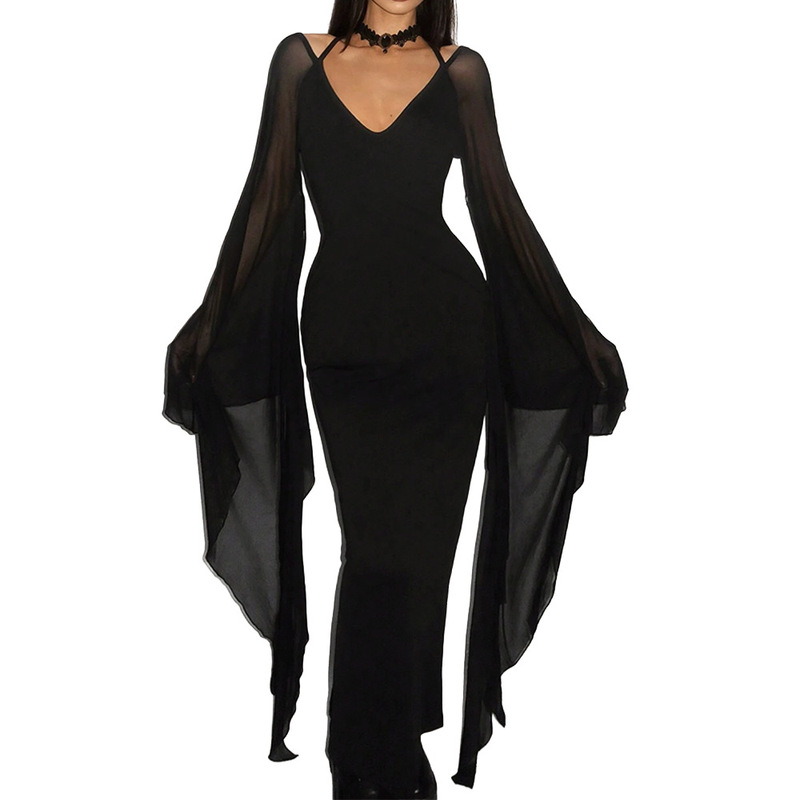 Dark Gothic Style V-Neck Strap Dress with Sheer Mesh, Large Flared Sleeves, Slim Fit, Bodycon, Mermaid Long Dress Dark Gothic Style V-Neck Strap Dress with Sheer Mesh, Large Flared Sleeves, Slim Fit, Bodycon, Mermaid Long Dress