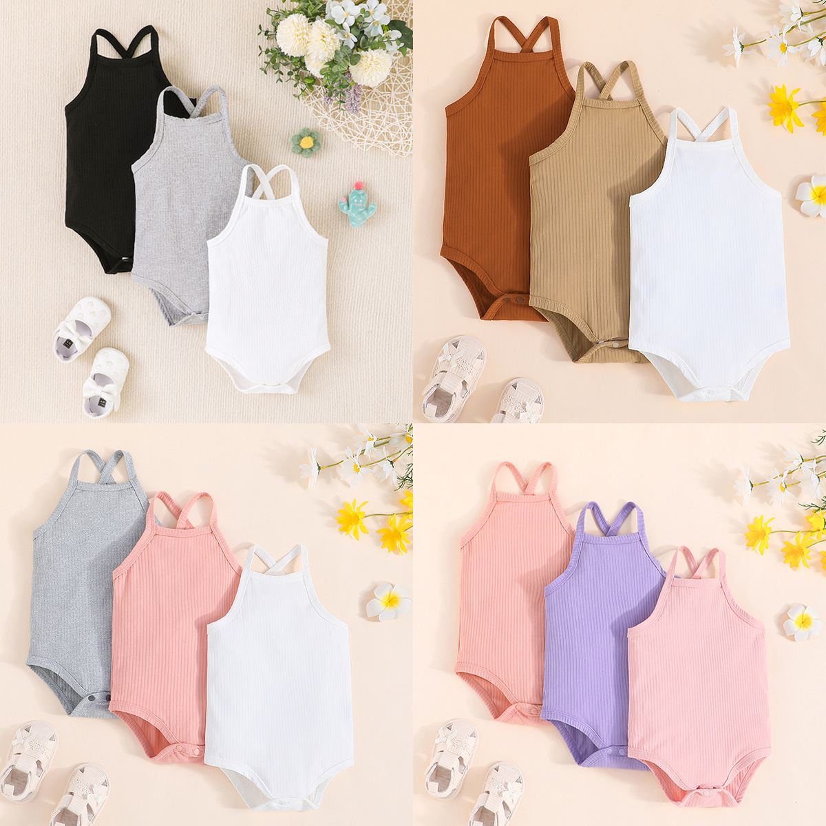 Cross-border fashion brand baby striped triangle suit 2025 summer new fashion casual sling solid color one-body suit