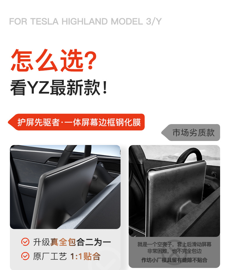 Suitable for Tesla's New Version of Model 3/Y/Yl Central Control Screen Tempered Film Rear Row Protective Film Frame