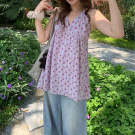 紫色挂脖碎花连衣裙子女夏2026新款法式海边度假绝美露背吊带短裙