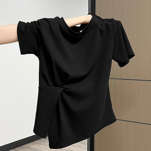 Asymmetrical design in summer pure cotton versatile belly covering and slimming short-sleeved T-shirt women's solid color top ins