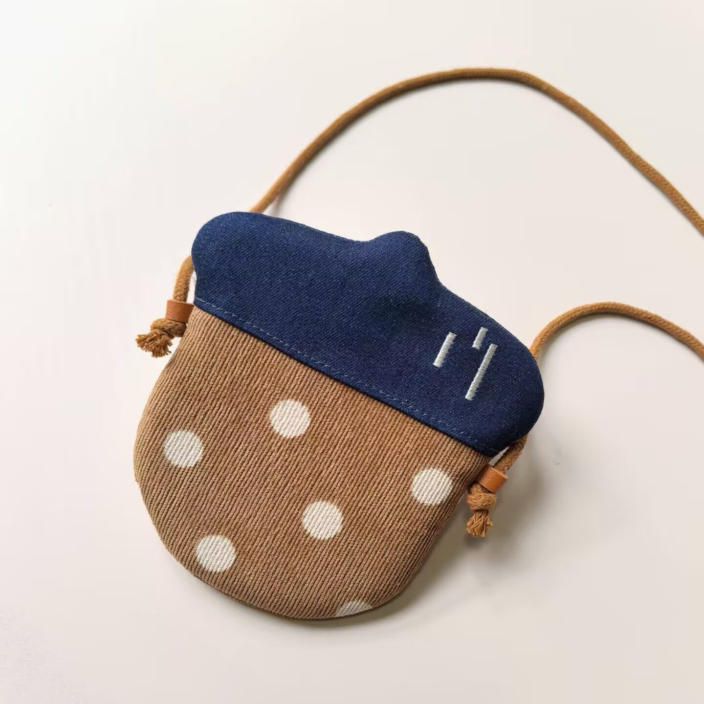New Japanese-Style Handmade Children's Acorn Fabric Bag, Polka Dot Patchwork Denim Bag, Versatile Small Crossbody Bag