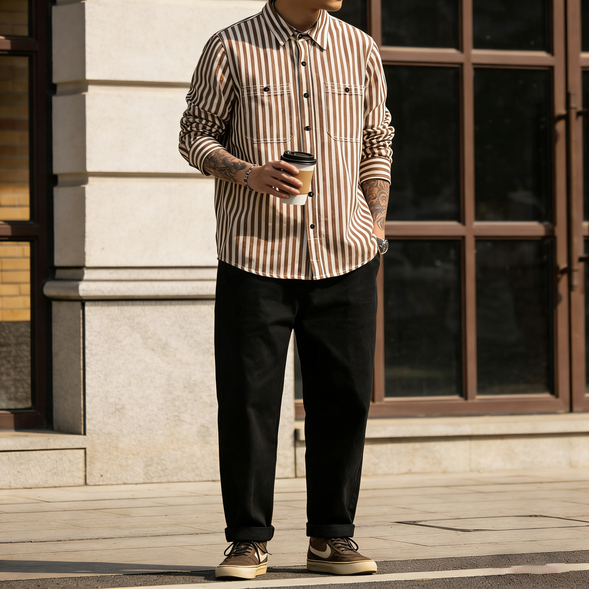 Nueva Okonkwo Camisa de rayas vertical americana retro hombres rayas ropa manga larga camisa ameikaji