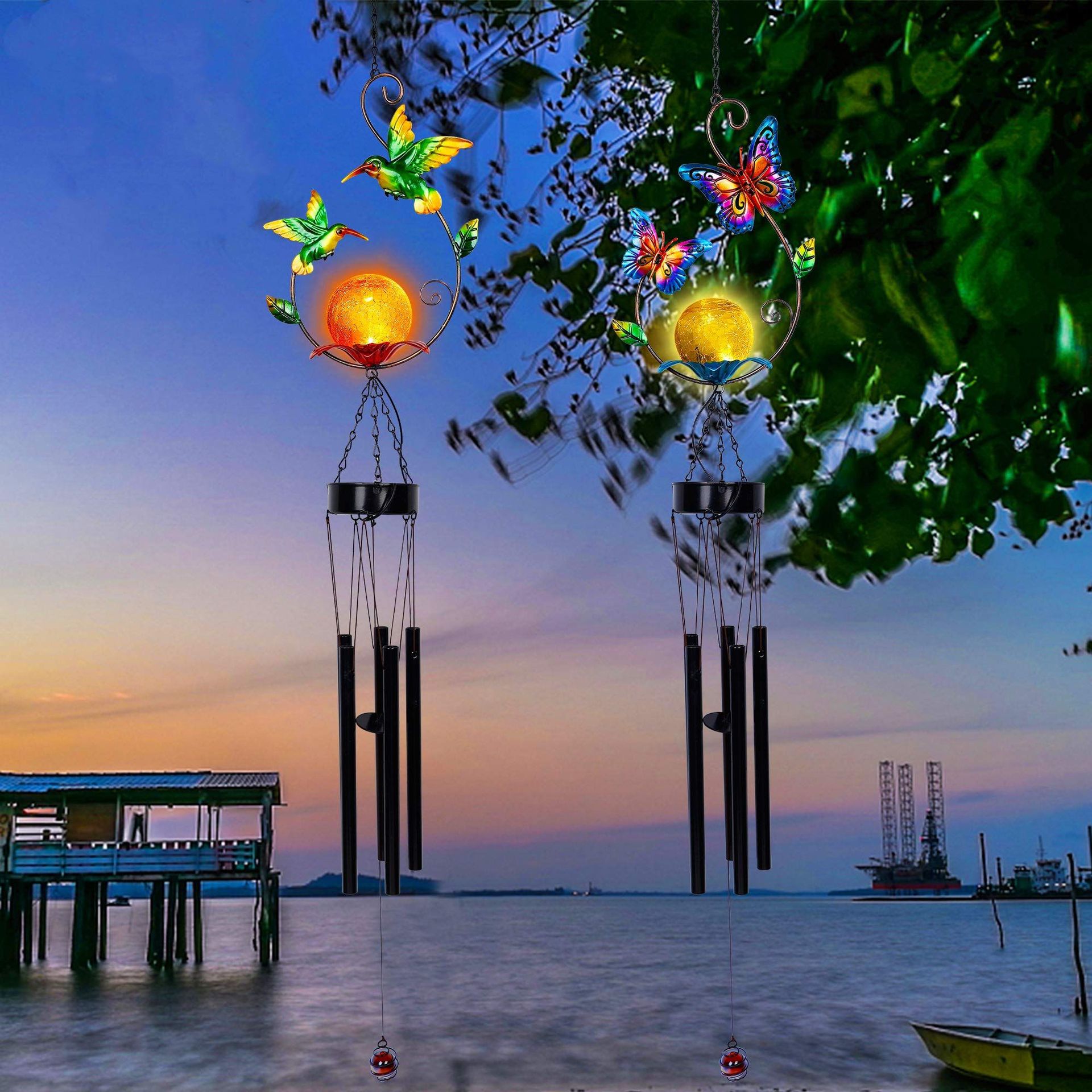 LED太阳能户外庭院装饰灯 别墅创意风铃灯 金属管蝴蝶蜂鸟铃铛灯