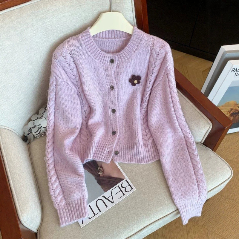 Influencer-recommended purple three-dimensional floral knitted cardigan for women, new autumn and winter style, gentle and sweet outerwear