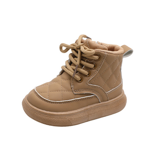 Children's boots  autumn and winter new style boys' plaid side zipper baby single boots female baby cotton boots warm shoes