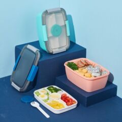 2L Large Rectangular Plastic Divided Salad Container with Sauce Box Sealed Picnic Box Salad Fruit Preservation Rice Box