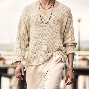 2025 Cross-Border Spring Retro Pure Color Men's V Neck Long-Sleeved Top Loose European and American Men's Cut Out Knitted Sweater
