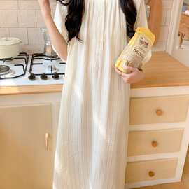 夏季纯棉提花短袖睡裙女韩系宽松大码长款家居服可外穿睡衣连衣裙