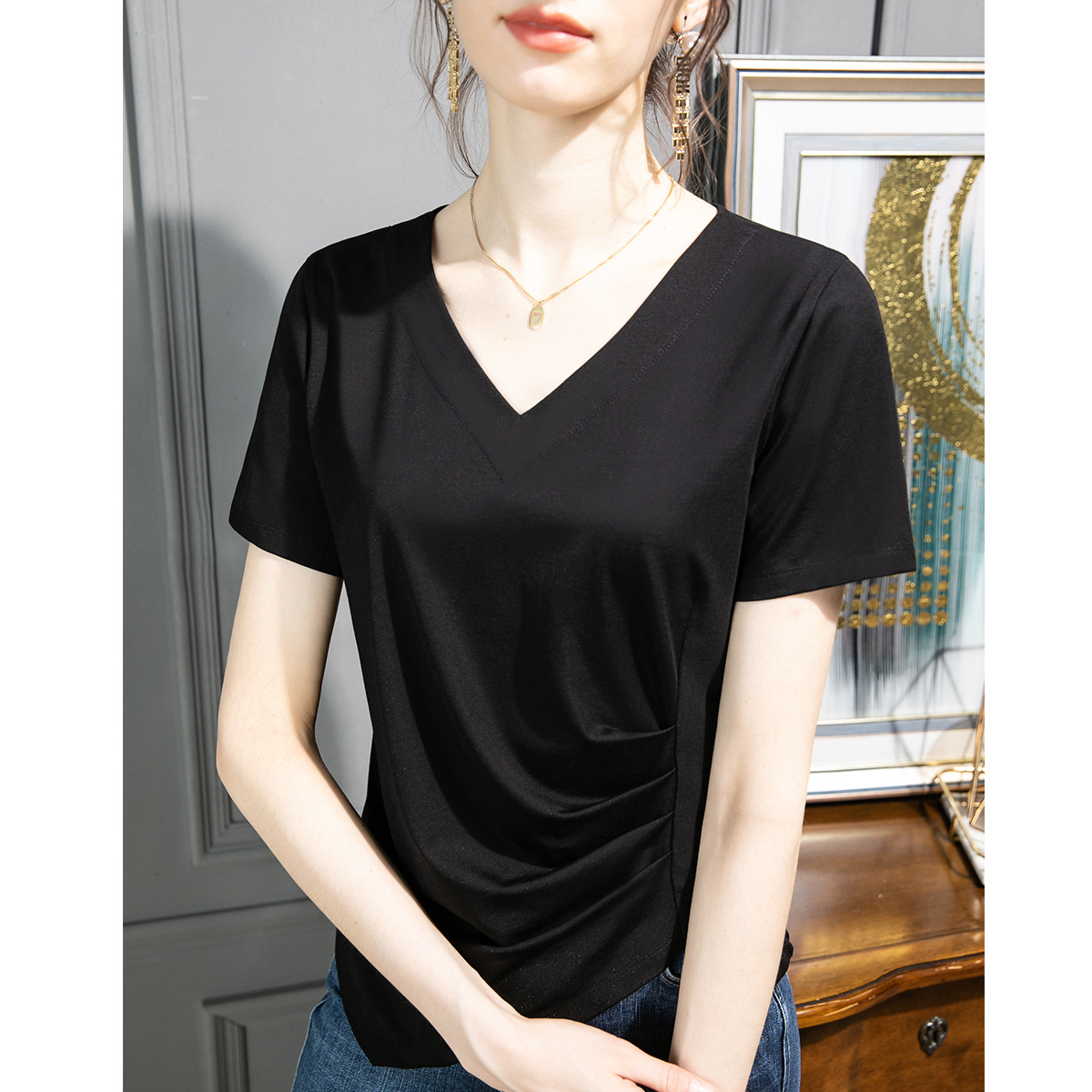 Camiseta de manga corta ropa de mujer 2025 nueva ropa de mujer con aberturas irregulares, top fino y elegante, camiseta de algodón, cabello de una pieza