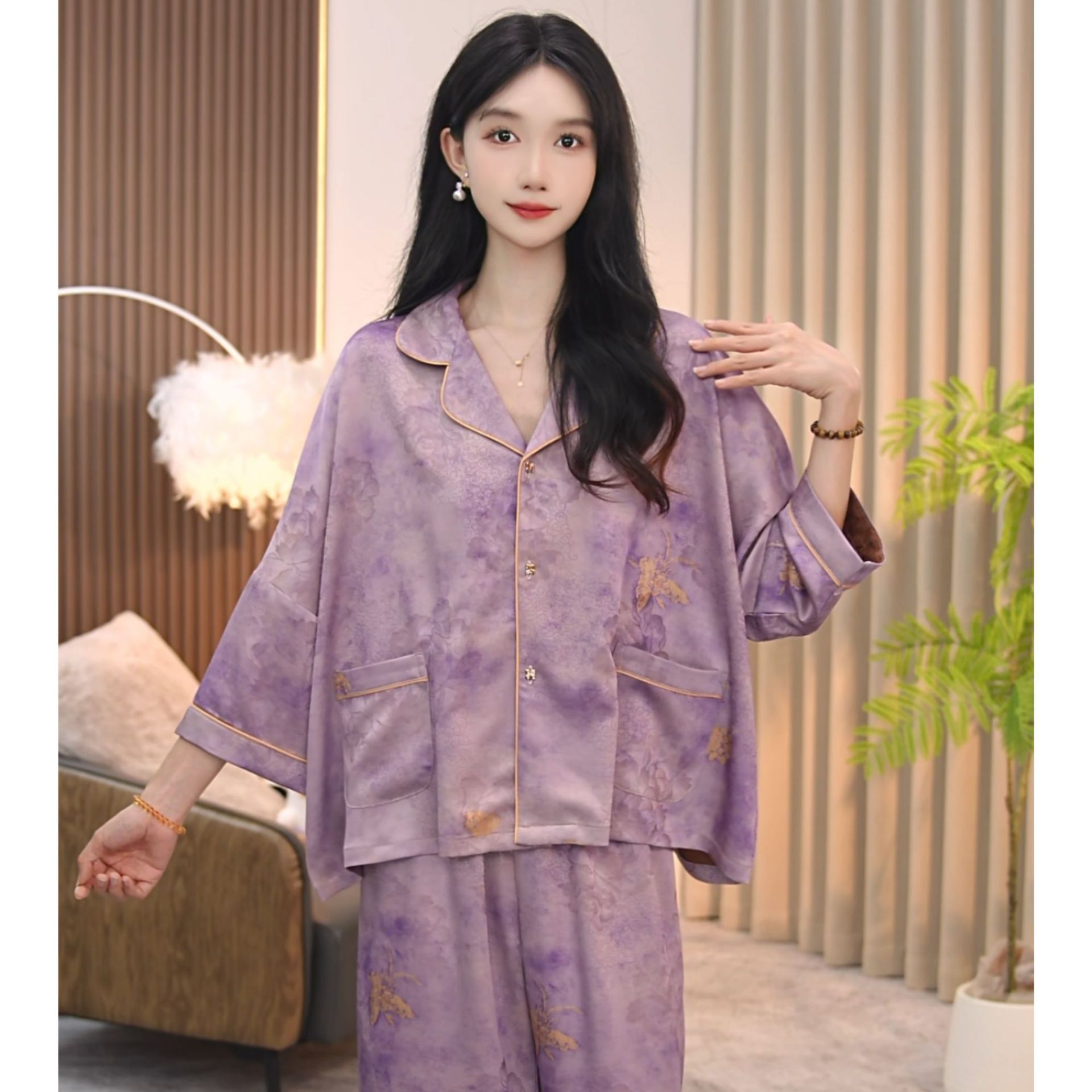 키키의 [킹디 모란] 여름 어머니 잠옷 세트 홈 옷 실크 여성 잠옷 세트 3 피스 세트