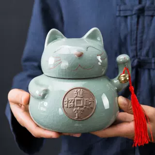 招财猫哥窑茶叶罐陶瓷密封罐粗陶汝窑存储罐普洱茶装罐子实用密封