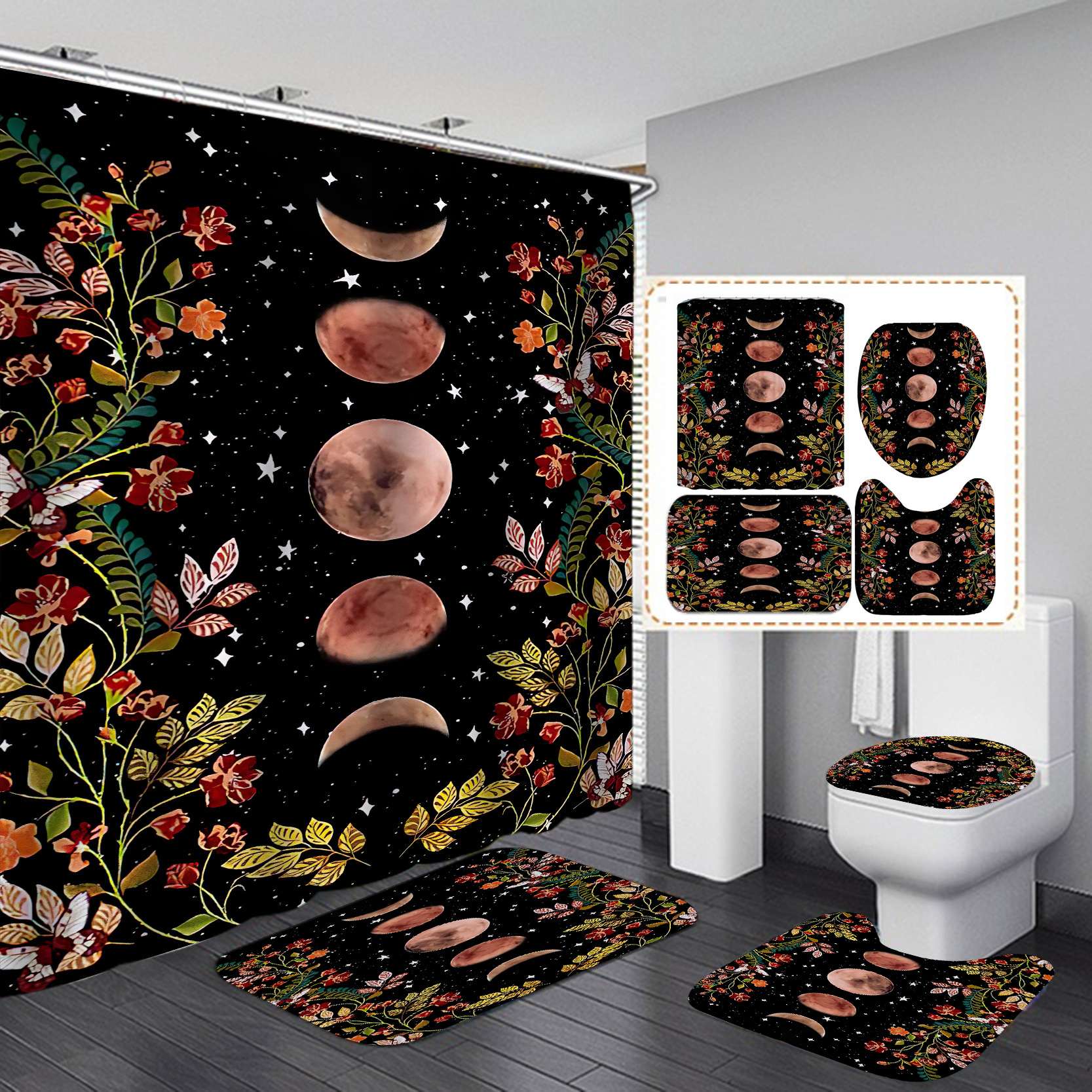 Amazon e-commerce HD impresión digital de alta gama Hotel baño flor Mang Luna partición Cortina de ducha suministro directo de fábrica