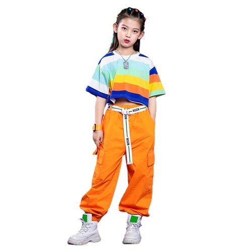 Children rainbow color hip-hop jazz dance costume Street dance suit striped boy hip hop Trendy outfit Girls model show catwalk costumes