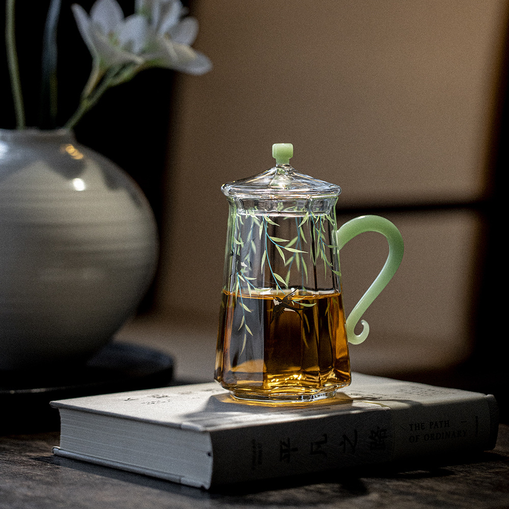高硼硅玻璃茶杯带盖子办公室手把水杯高颜值花茶杯子不烫手