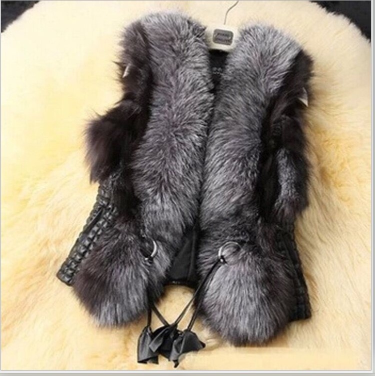 Spot Wholesale European and American Imitation Goatskin Imitation Fox Fur Vest Pu Leather Fur Black Outwear Vest