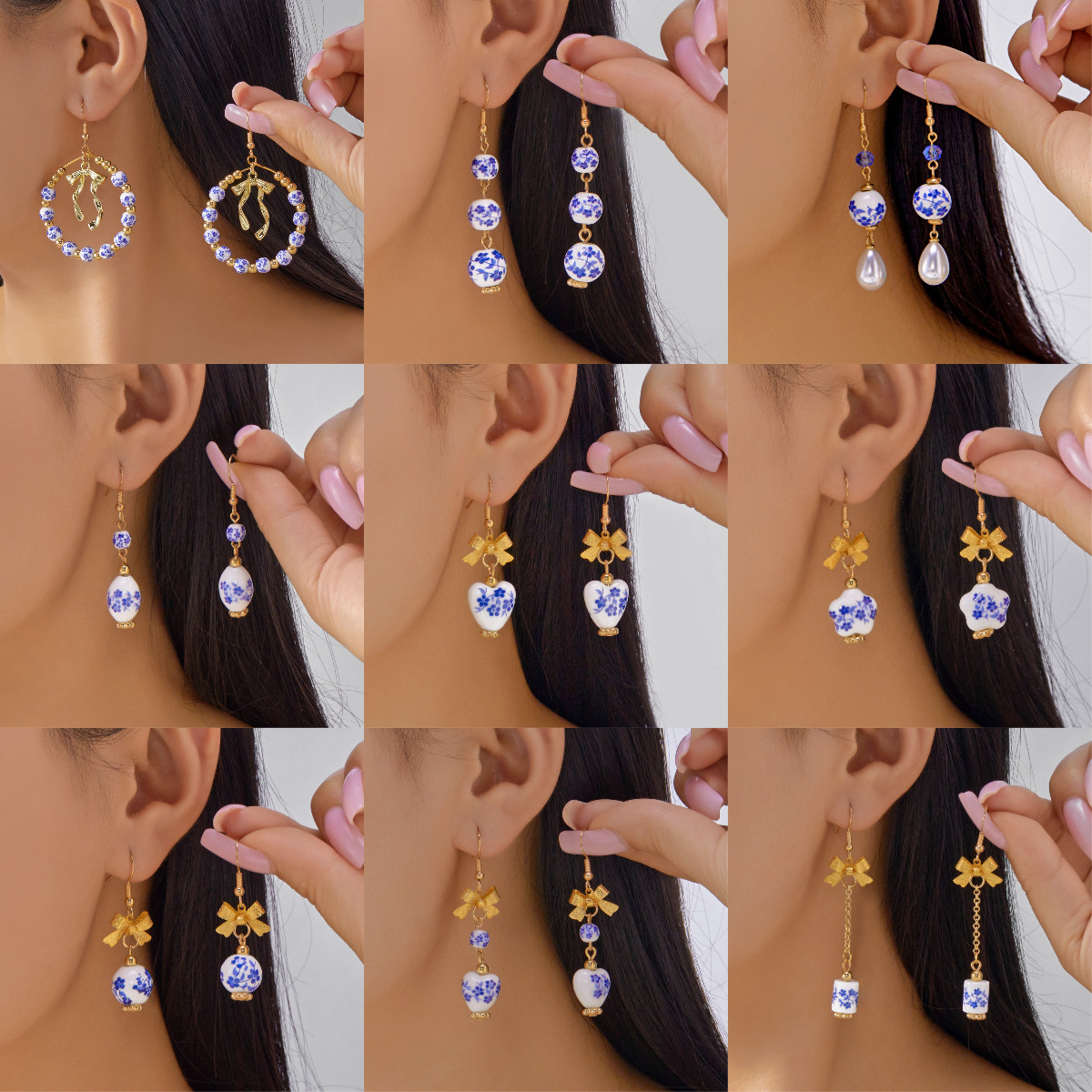 Blue and White Porcelain Bow, Simple Style, Women's Pendant Jewelry, Light Luxury Style, New Tassel Earrings, Cross-Border New Style