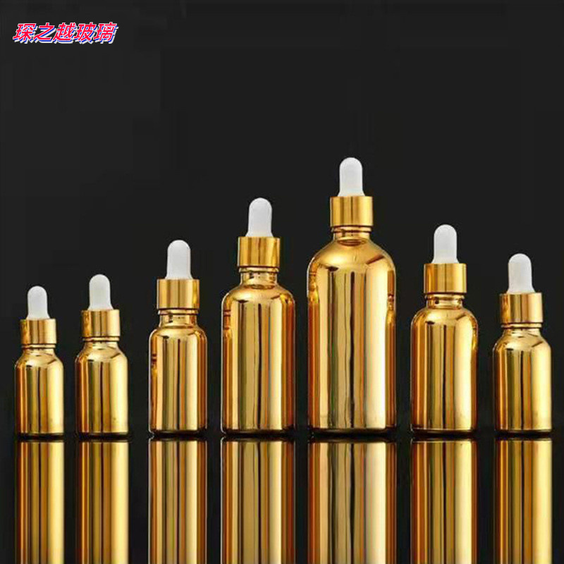 批发时尚玻璃精油瓶电镀金色精华滴管瓶便携按压喷雾瓶原液分装瓶