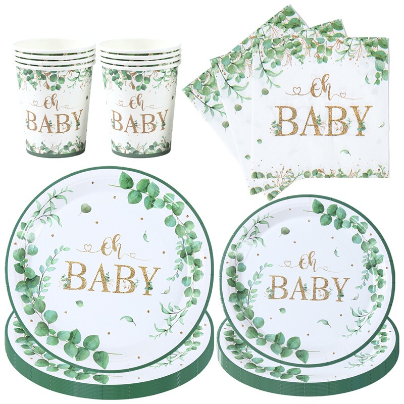 Green Leaf Eucalyptus Disposable Tableware Set Birthday Party Supplies Paper Plate Paper Cup Holiday Party Decorations