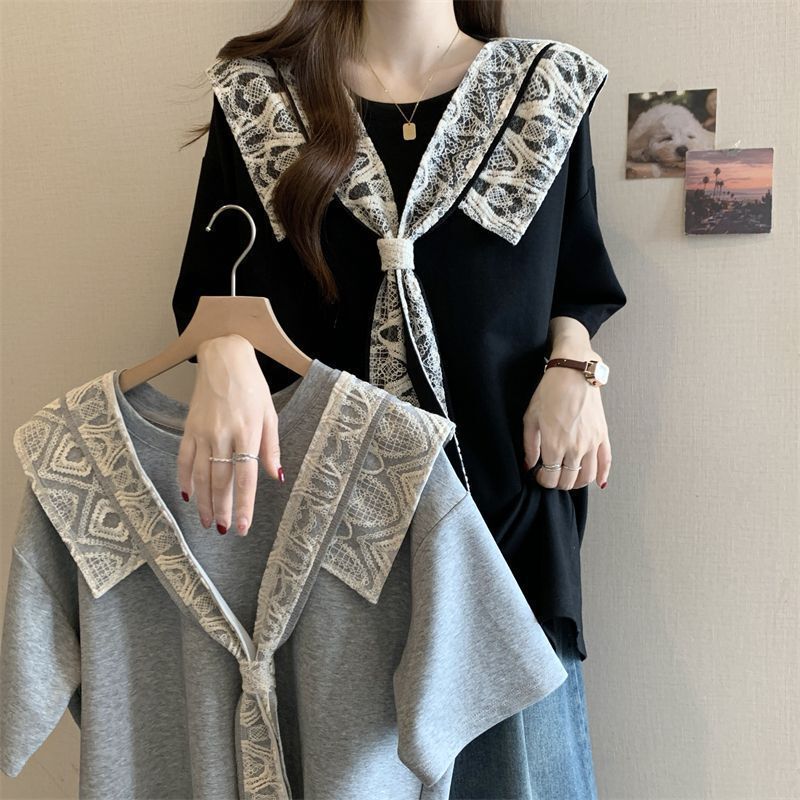 Plus Size Style Lace Splicing Right Shoulder Short-Sleeved T-Shirt for Women Summer New Fat mm Loose Slimming Look Mid-Length Top