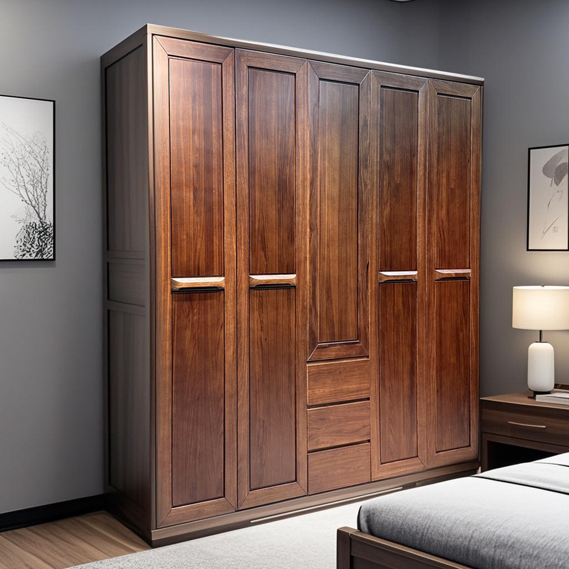 Modern Chinese Style Ebony Wardrobe Pure Solid Wood Bedroom Home Wardrobe Suspended Cabinet Hanging Clothes Storage Cabinet with Top Cabinet