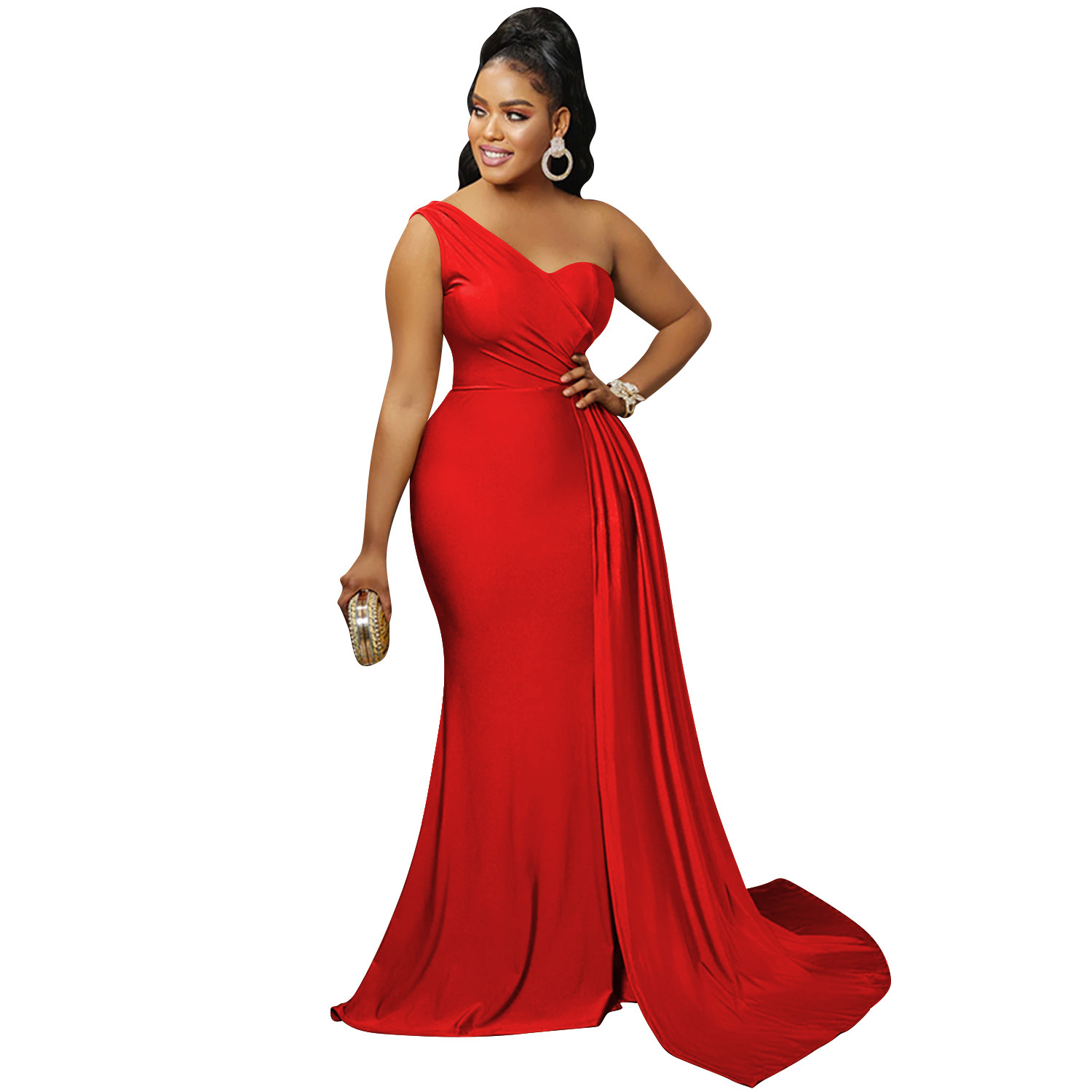 X5819 europeo y americano nuevo AliExpress Amazon moda color sólido partido apretado Vestido de manga de un solo hombro vestido largo para las mujeres image 10
