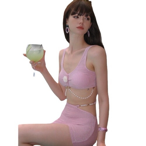  New Split Solid Color Bikini Swimsuit Hot Girl Pearl Chain Fresh Internet Celebrity Beach Bikini Women