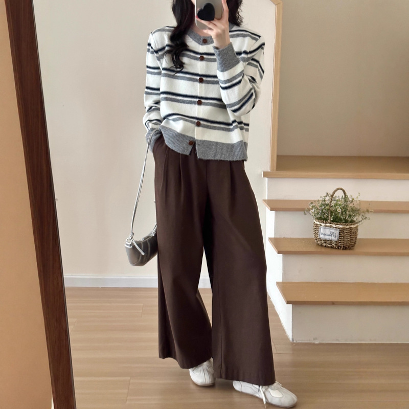 韩版撞色条纹针织开衫女2025早秋新款复古小香风圆领刺绣毛衣外套|undefined