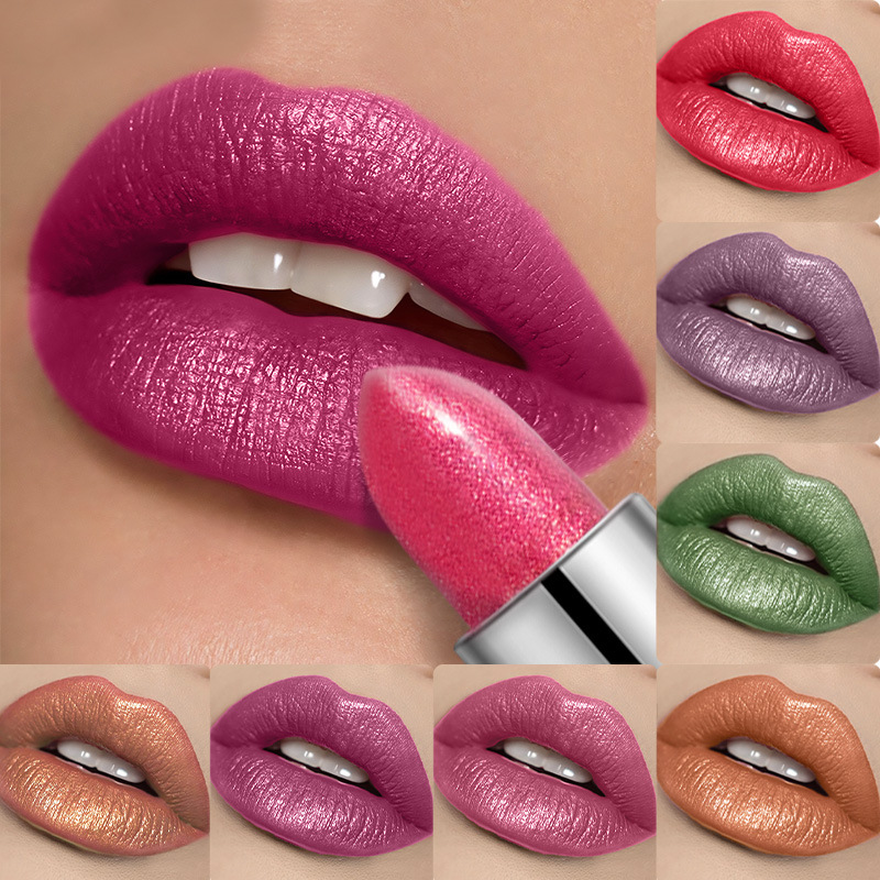 Lápiz labial metálico perlado de 8 colores, iluminador con brillo de diamante, fácil de aplicar, hidratante, de larga duración, venta al por mayor.