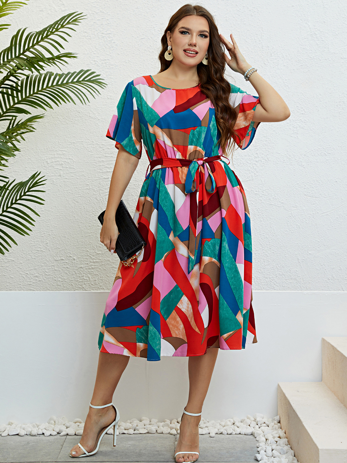 Swing Dress Casual Round Neck Printing Short Sleeve Printing Midi Dress Street display picture 1