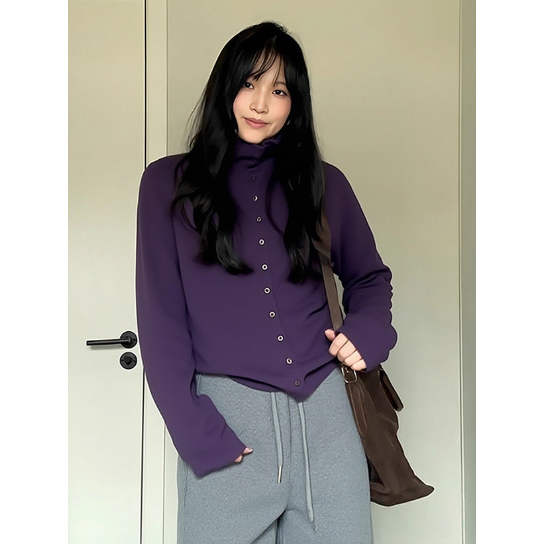 极简高领排扣针织毛衣女2026秋冬显瘦长袖紫色高级感内搭上衣
