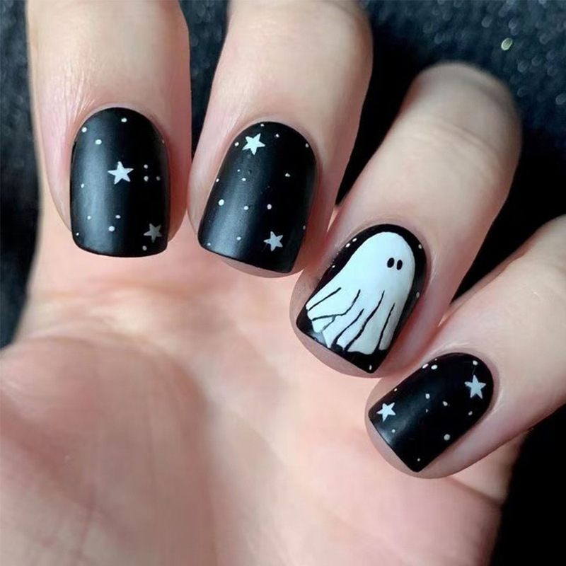 Creative Halloween New Emerald Ghost Ghost Face Pumpkin Halloween Elements Cross-Border Small Square Fake Nails Foreign Trade