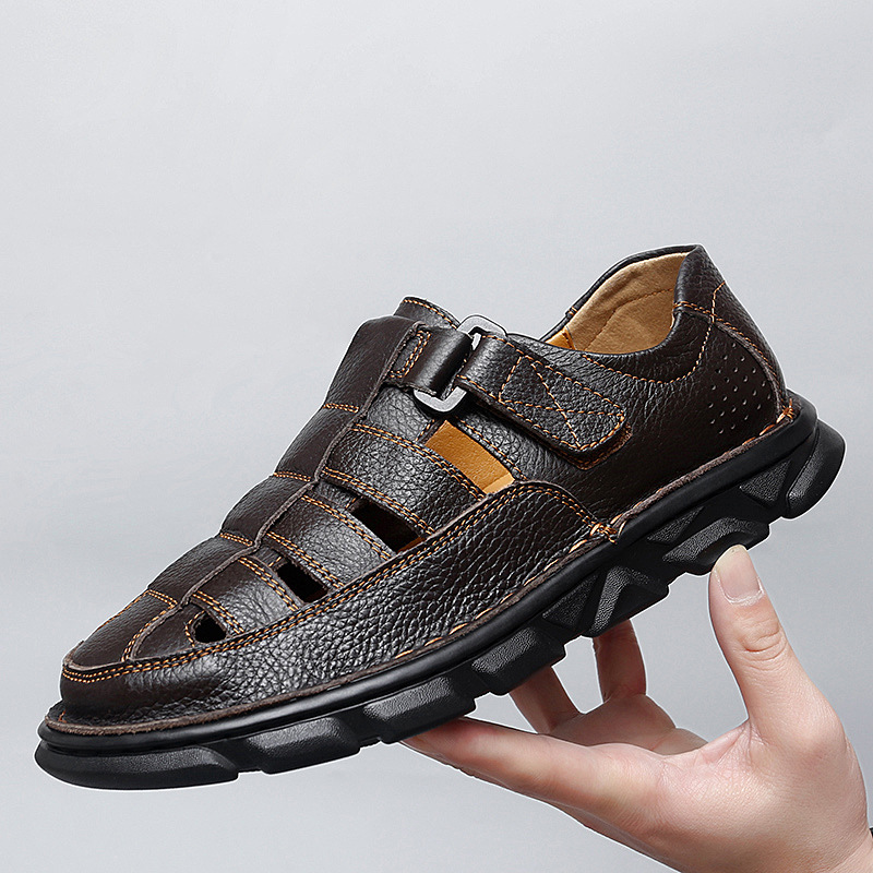Sandals for Men 2026 Summer Genuine Leather Casual Men's Sandals Soft Sole Non-Slip Hole Shoes Breathable Hollow Leather Sandals