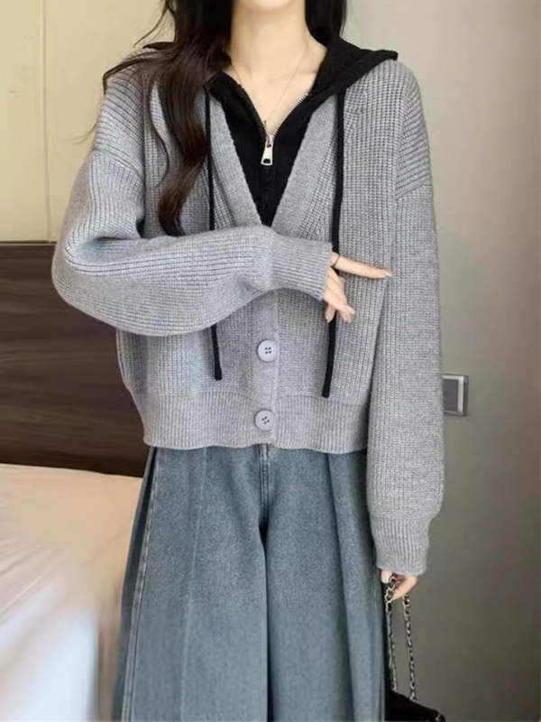 连帽长袖毛衣打底衫女秋冬大码女装遮肚子胖MM显瘦假两件针织上衣|undefined