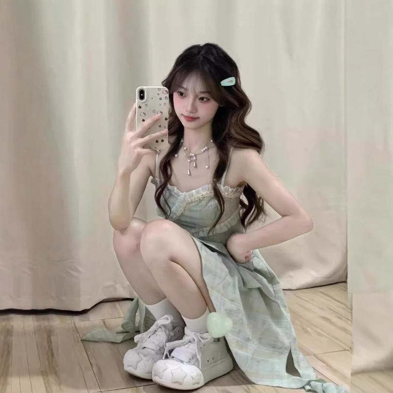 十三行品质-少女风甜美绿色无袖吊带裙收腰显瘦不规则中长裙|undefined