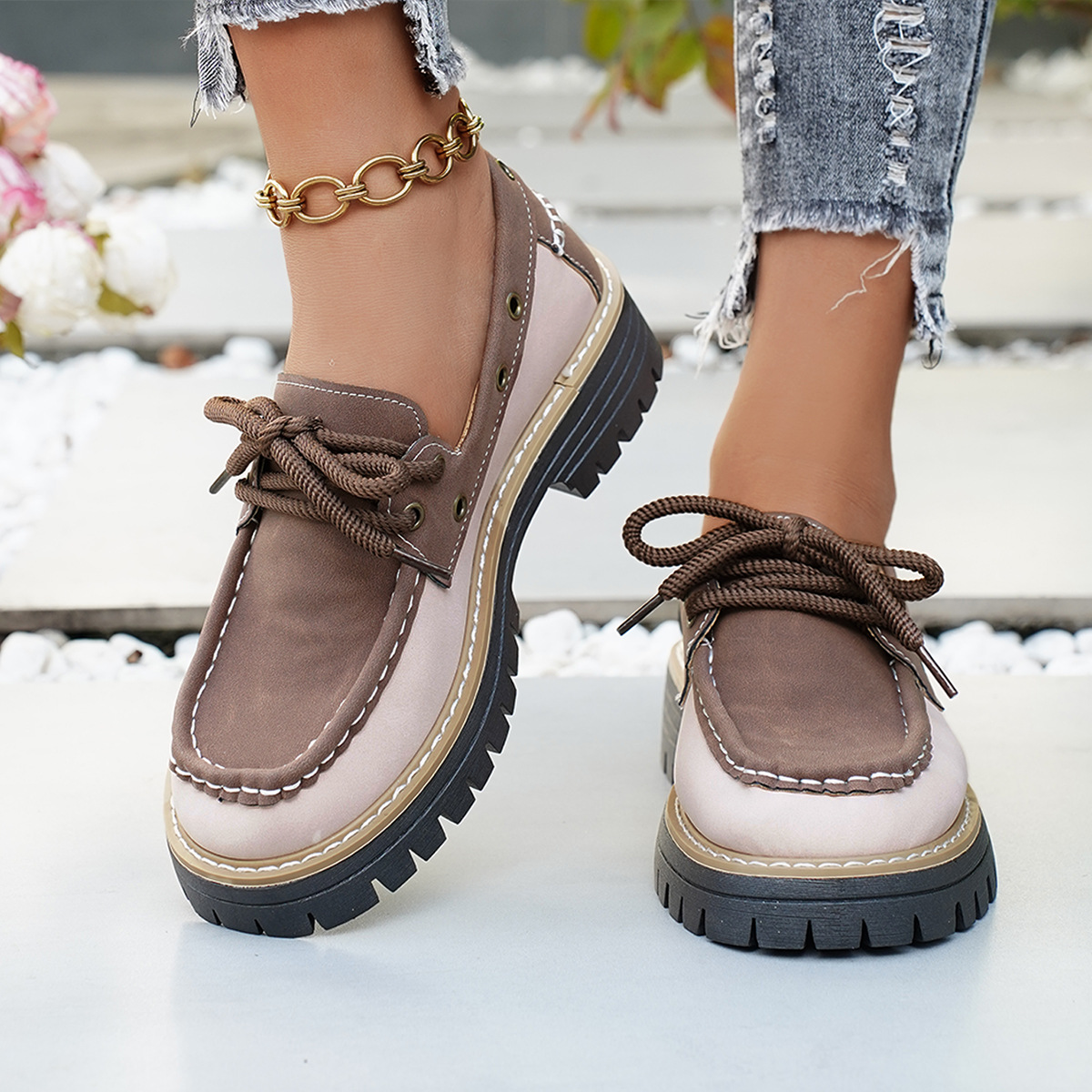 Mocassini da donna con lacci e borchie, tacco grosso, suola spessa, scarpe singole color block, novità autunno._voghion.com