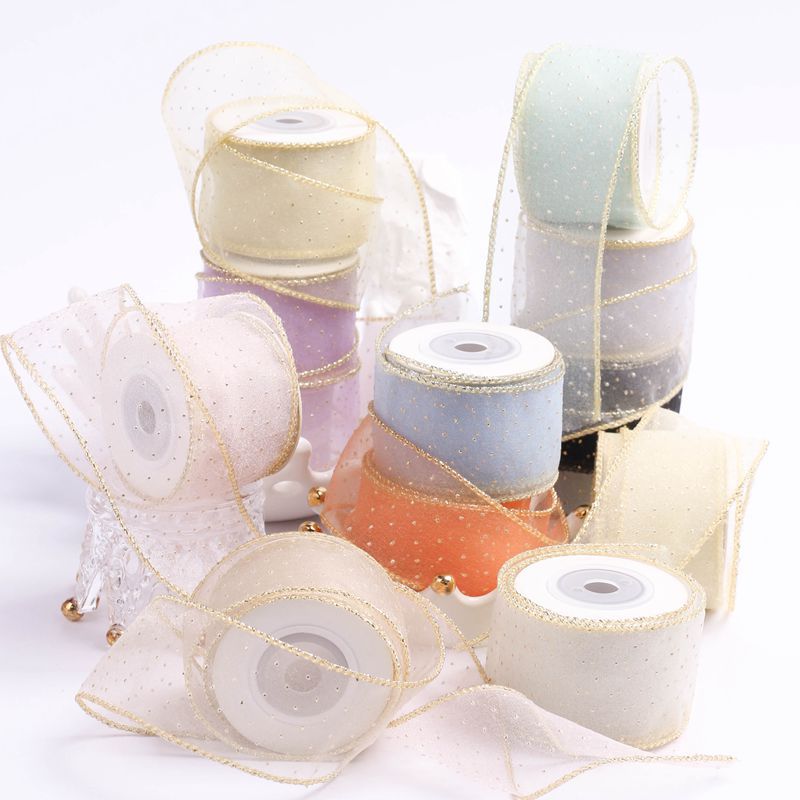Hot stamping polka dot gold edge seersucker ribbon DIY bow hair accessories wedding flowers shoe flower decoration fishtail yarn