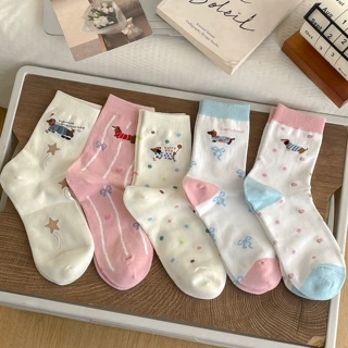 插画腊肠狗女袜卡通袜子女中筒袜奶油色波点蝴蝶结粉嫩可爱棉袜